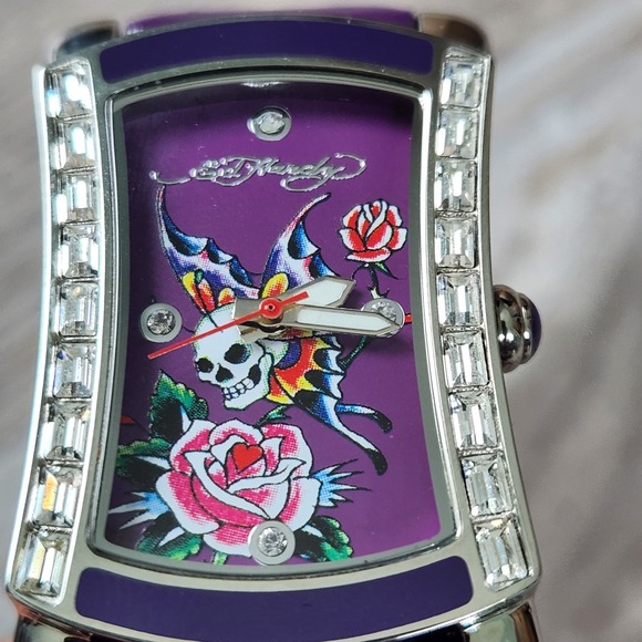 Ed Hardy Womens Watch Purple Leather Skull Butterfly Rose Rhinestone Y2K Quartz main image 4
